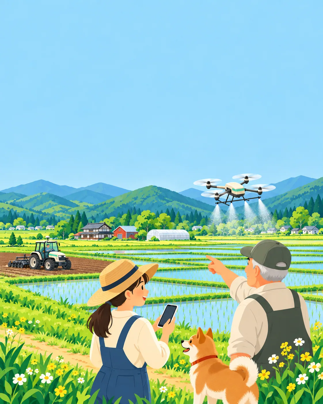 日本の田園で、自動でまっすぐ走るトラクターと、田んぼに散布するドローン、スマホを見る新人に教える先輩
